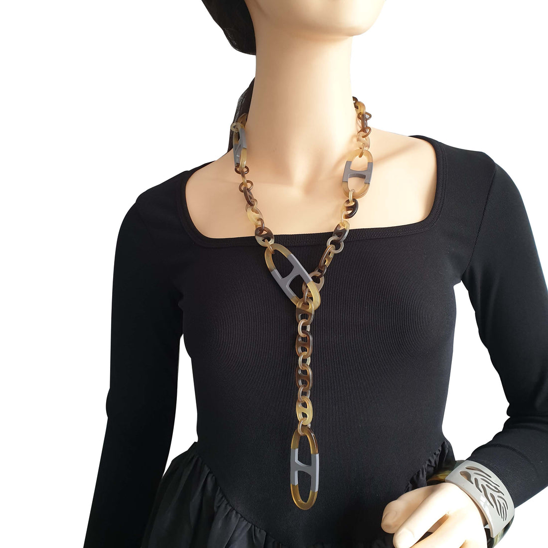 grey handmade D-shaped chain link necklace in natural buffalo horn