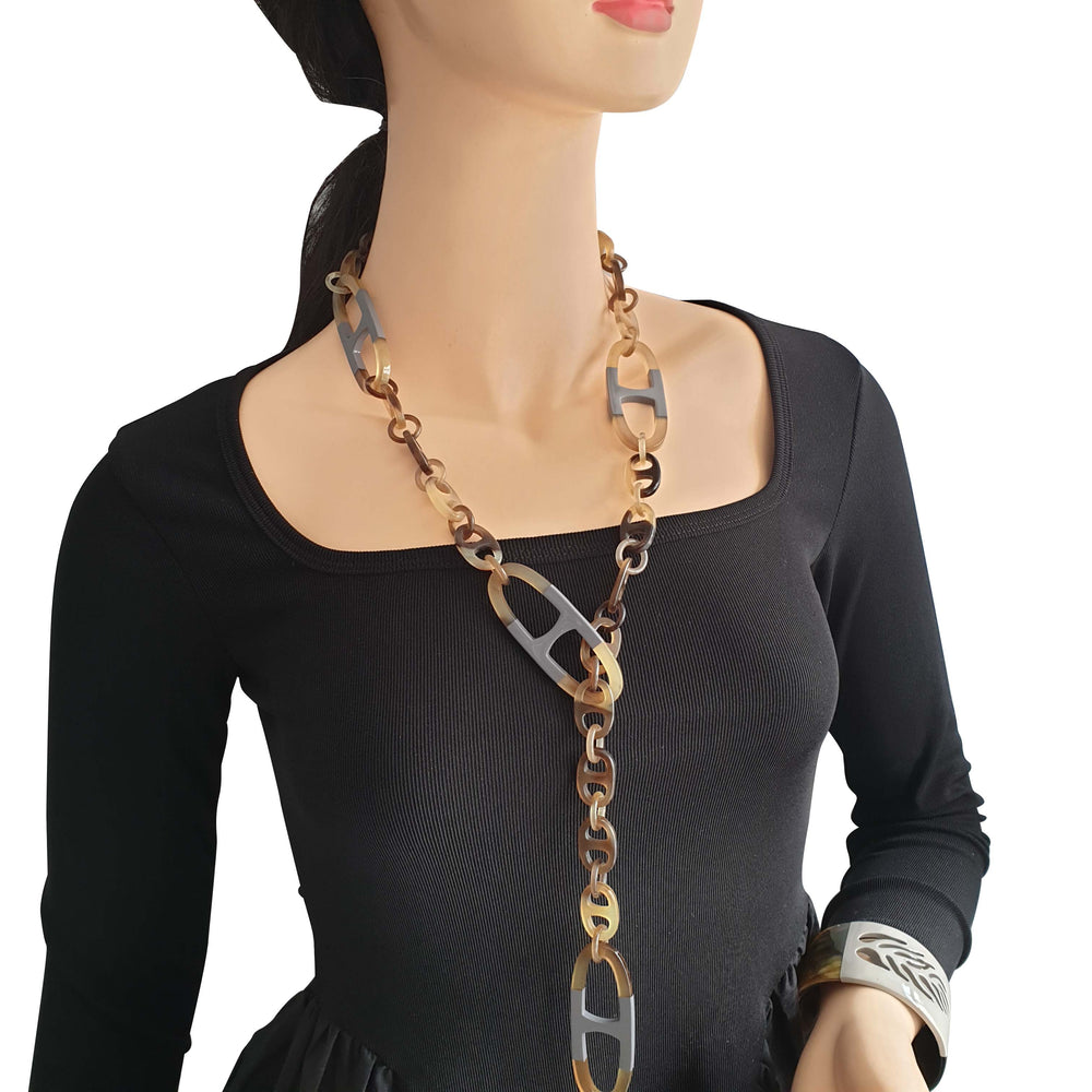 
                  
                    grey handmade D-shaped chain link necklace in natural buffalo horn
                  
                