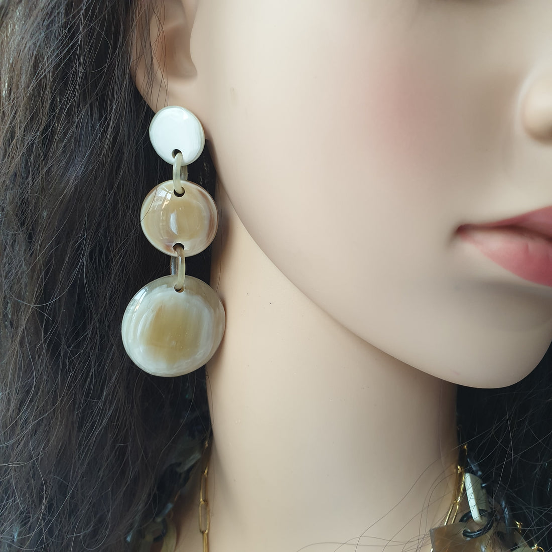 Elegant Minimalist circle drop earrings feature bright and two circles in natural buffalo horn for women's gifts