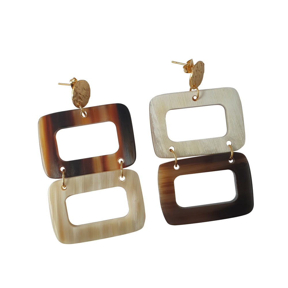 
                  
                    Double rectangle drop earrings are designed by brown and white color with natural buffalo horn on a white background
                  
                