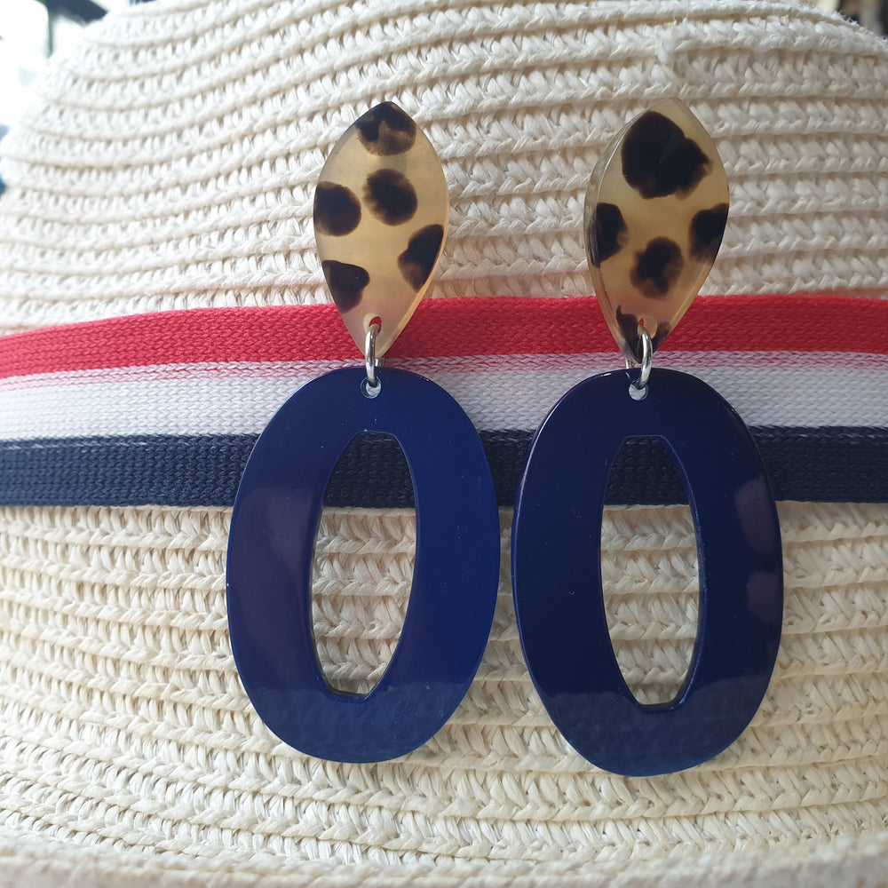 
                  
                    unique handmade spotted leopard drop earrings feature dark blue in natural buffalo on a beach hat horn for women's gifts
                  
                