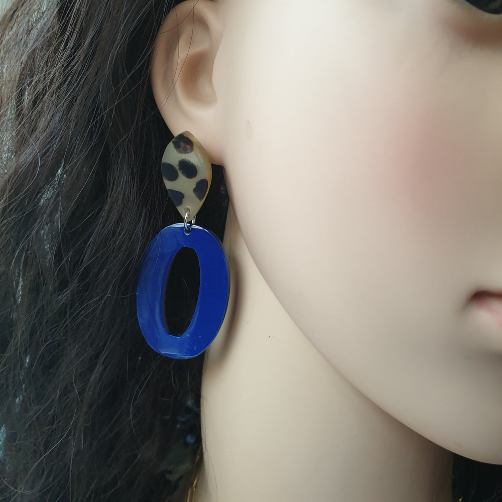 
                  
                    unique handmade spotted leopard drop earrings feature dark blue in natural buffalo horn for women's gifts
                  
                