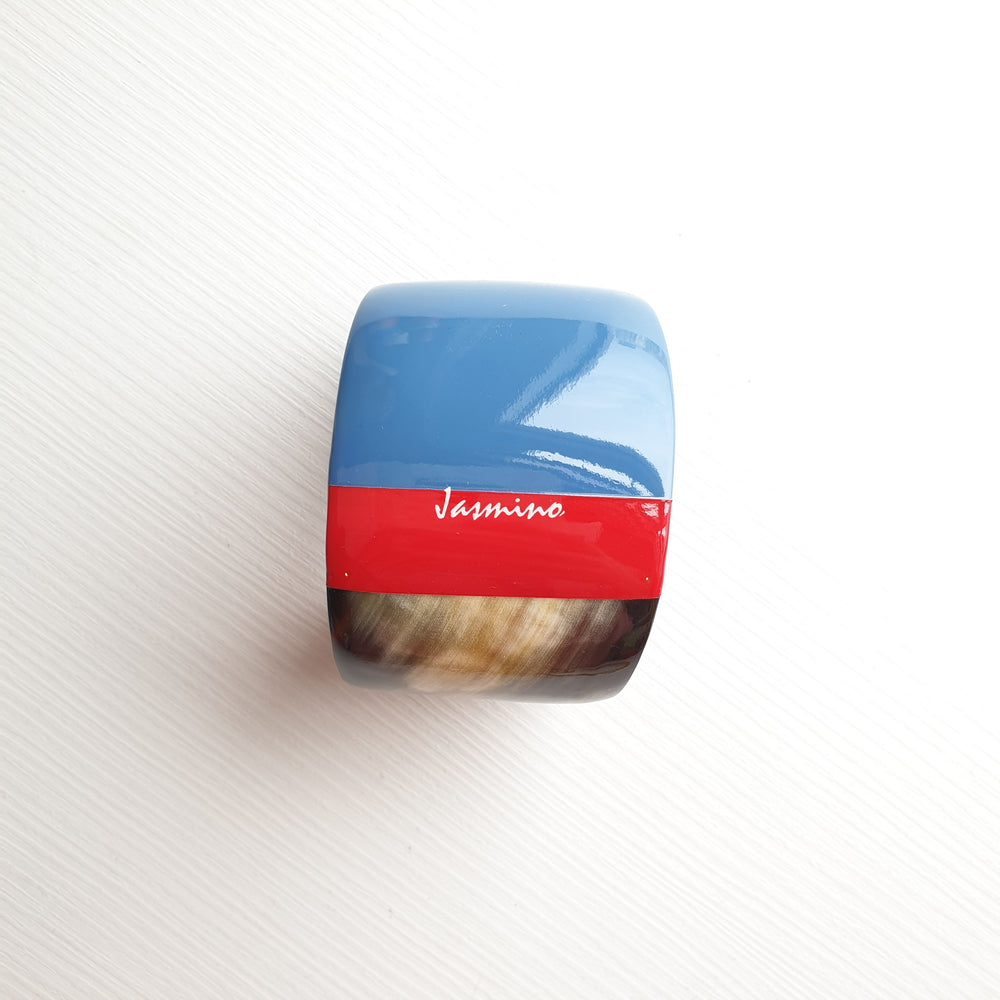 
                  
                    scarlet- classic blue lacquer buffalo horn bracelet on the light background, impressive Christmas gift for her
                  
                