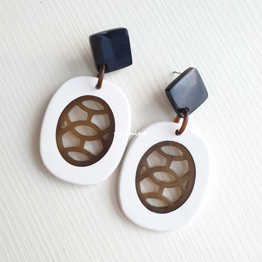 
                  
                    Jasmino Unique Aesthetic Oval Stained Glass Window Drop Earrings Made By Natural Buffalo Horn Featured White Women Gift
                  
                