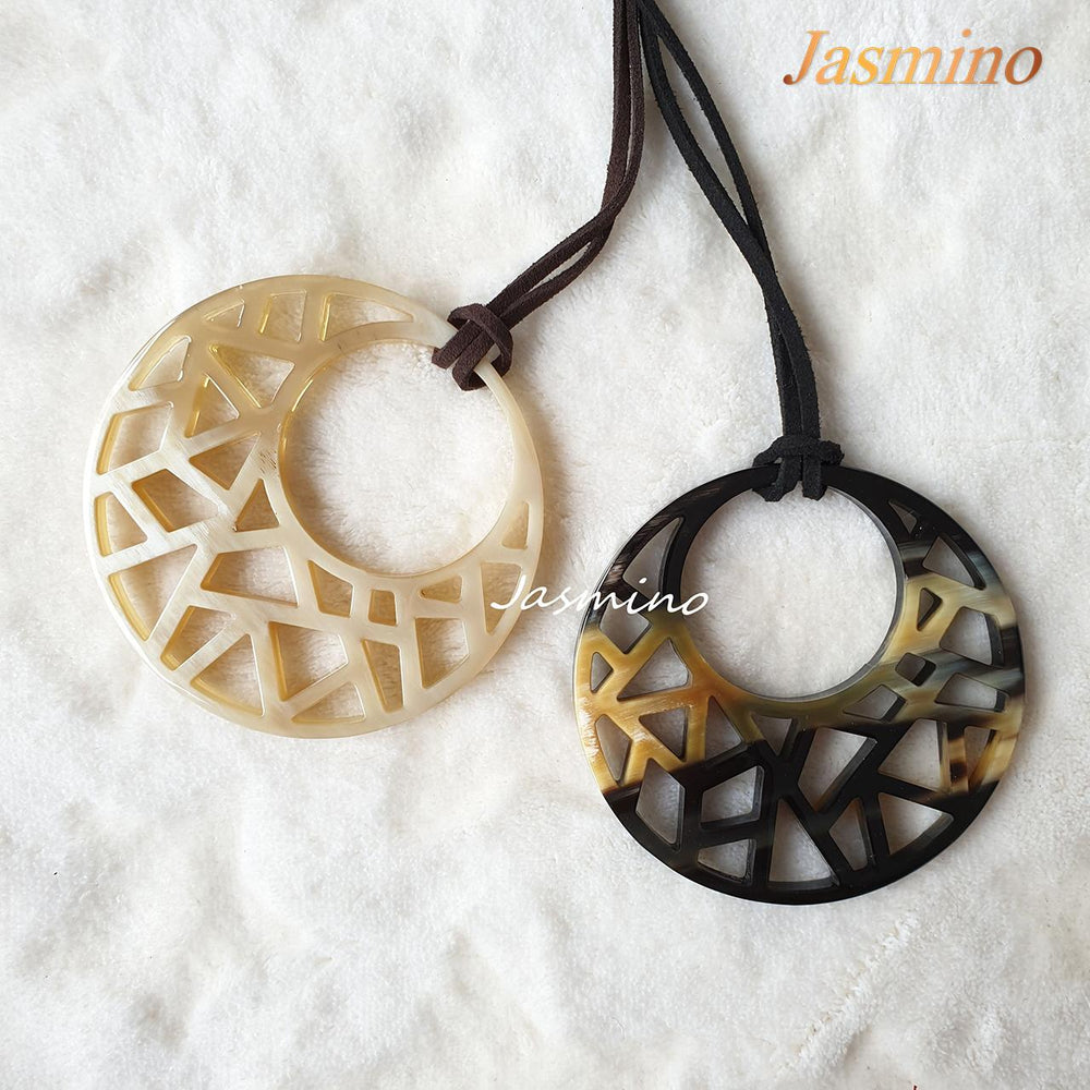 
                  
                    Jasmimo unique handmade pendants are designed by a circular shape and dark and white colours that are made of natural buffalo horn for women's gifts
                  
                