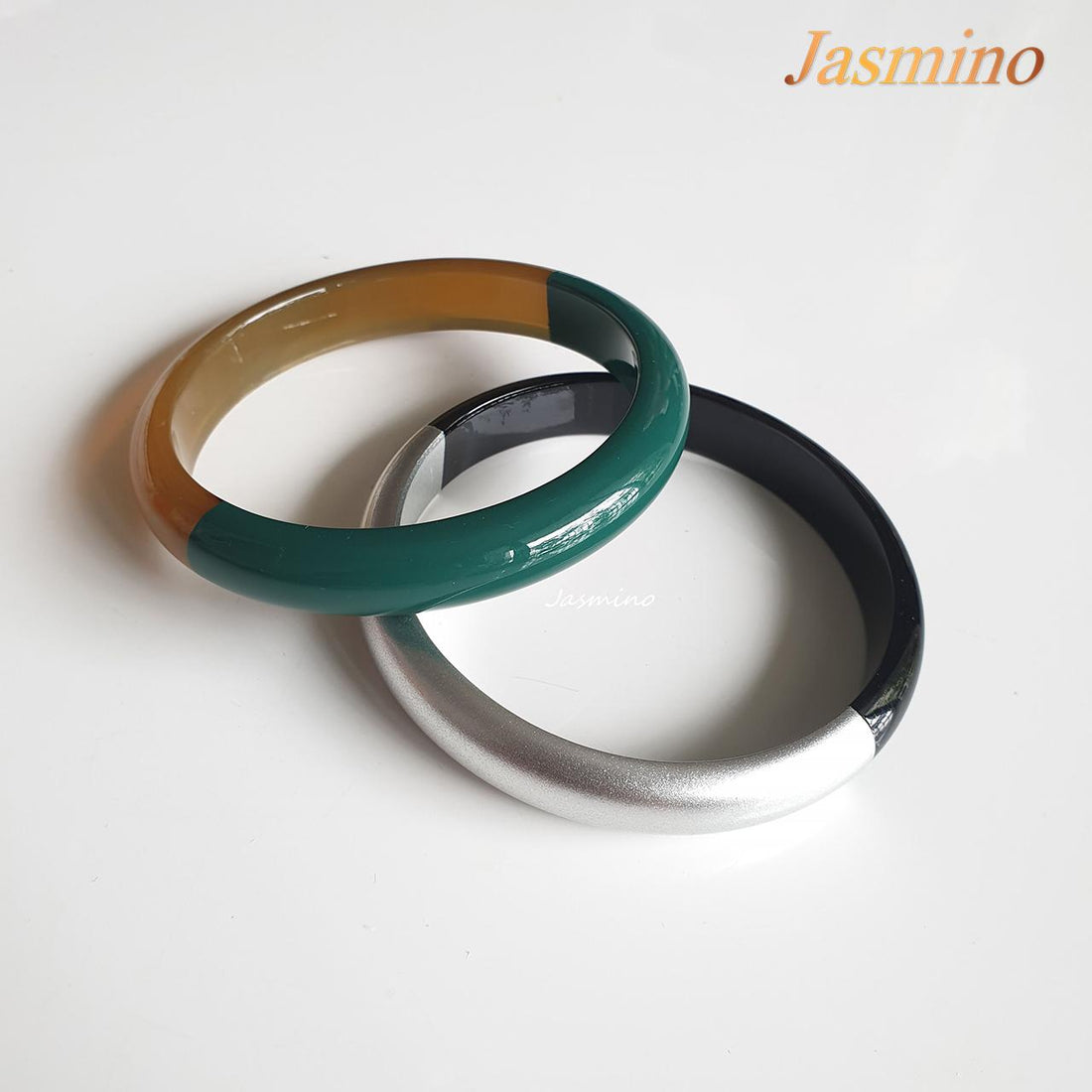 two unique handmade Vintage bangle bracelets feature emerald and silver in natural buffalo horn for women 