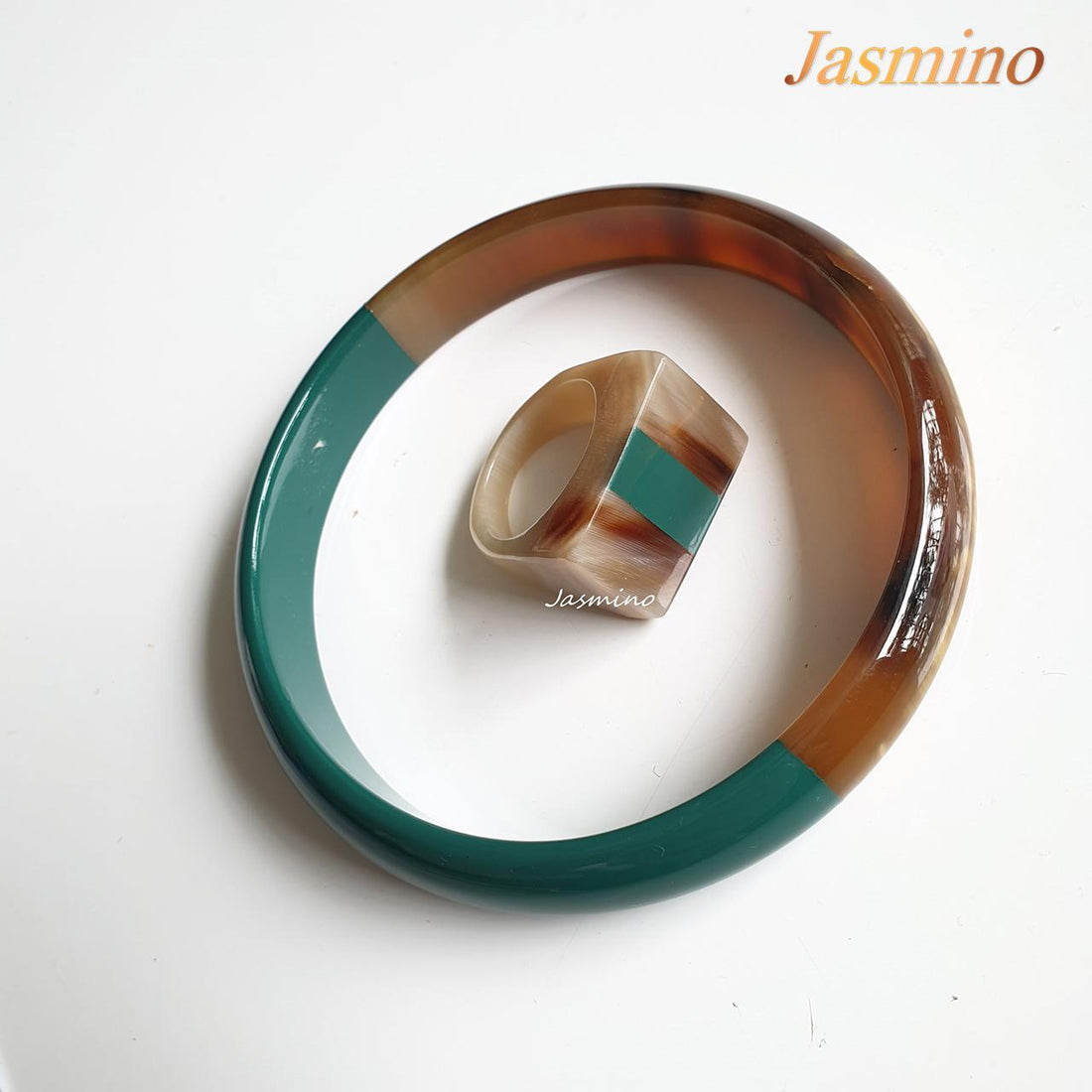 A set of Jasmino unique handmade Vintage thin bangle bracelet and ring features half emerald in natural buffalo horn for women